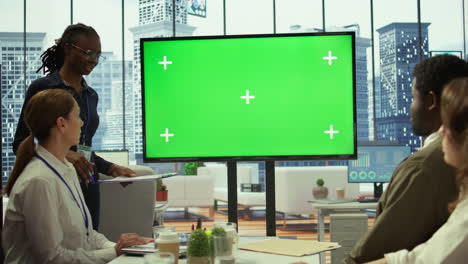 employees and investors participating in a briefing next to isolated copy space