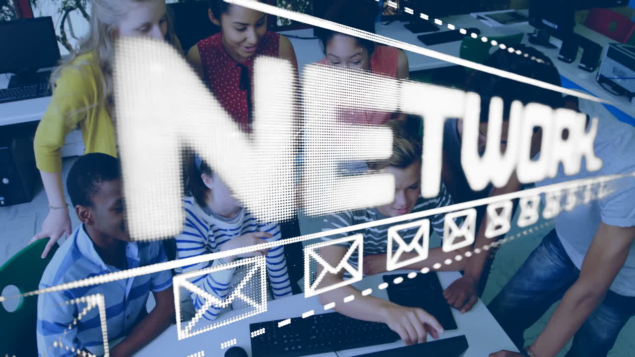 Gathered around computer, diverse group watching network animation in school setting