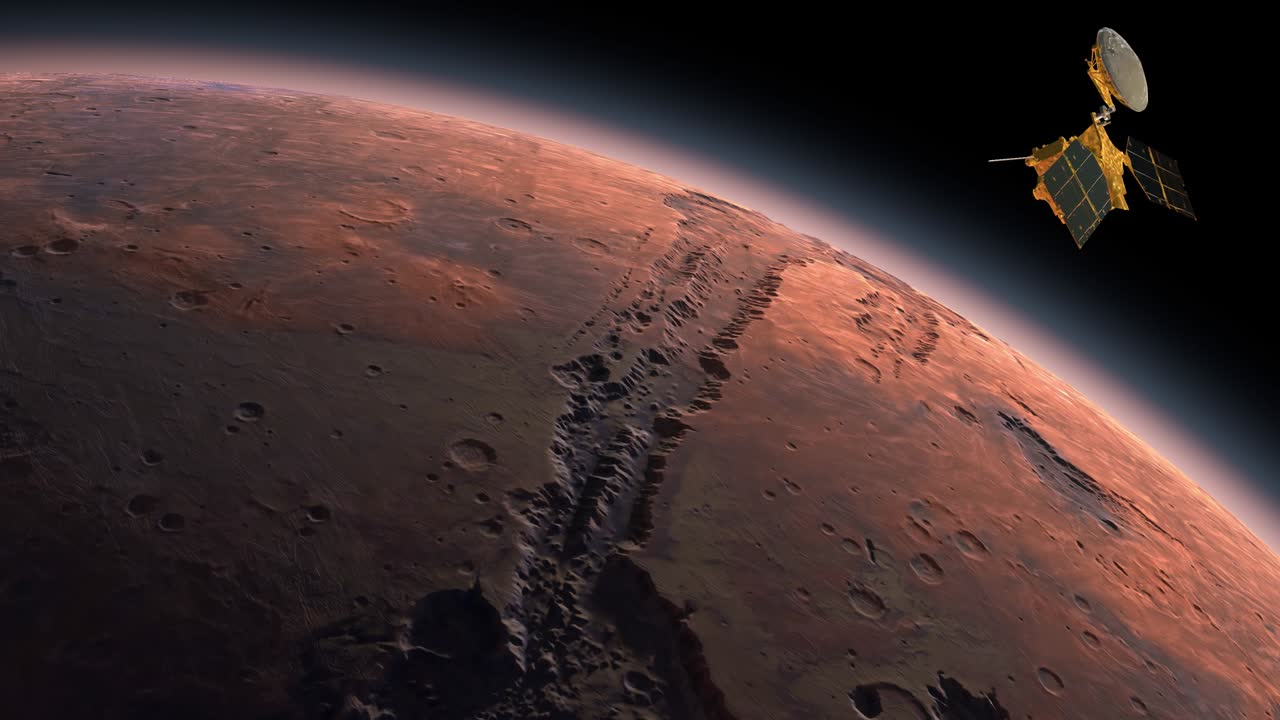 Mars Reconnaissance Orbiter, MRO orbiting Mars. Mars Planet Rotating in the outer space.Traveling to the red planet Mars in space. Elements of this video furnished by NASA.