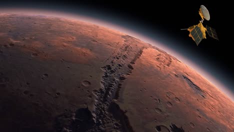 mars reconnaissance orbiter, mro orbiting mars. planeta marte girando en el espacio exterior. viajando al planeta rojo marte en el espacio. elementos de este video proporcionados por la nasa.