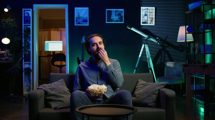 Uomo che accende la TV usando il telecomando, mangiando popcorn
