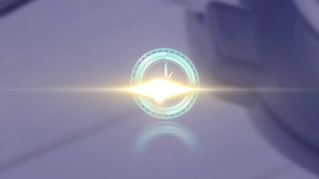 Animation of rotating safe lock with clock over light trail on blurred background