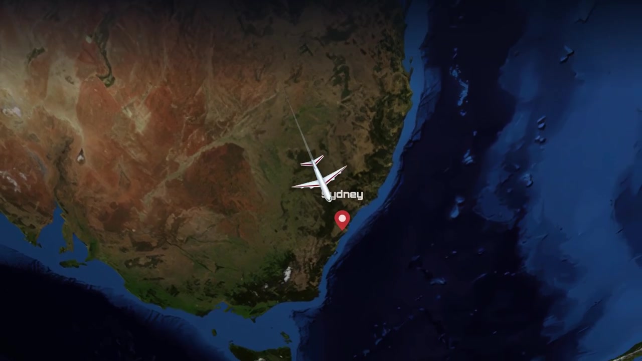 Satellite view animation follows a commercial airplane flying from Seoul to Sydney over the ocean