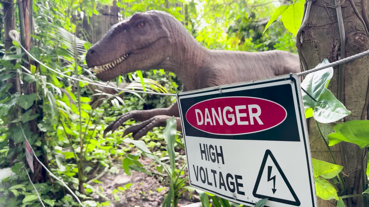 Tyrannosaurus animatronic nears warning sign in bright, green jungle with steady camera movement