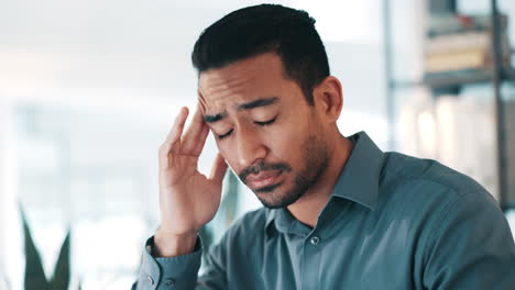 dolor de cabeza, hombre de negocios y estrés en la oficina