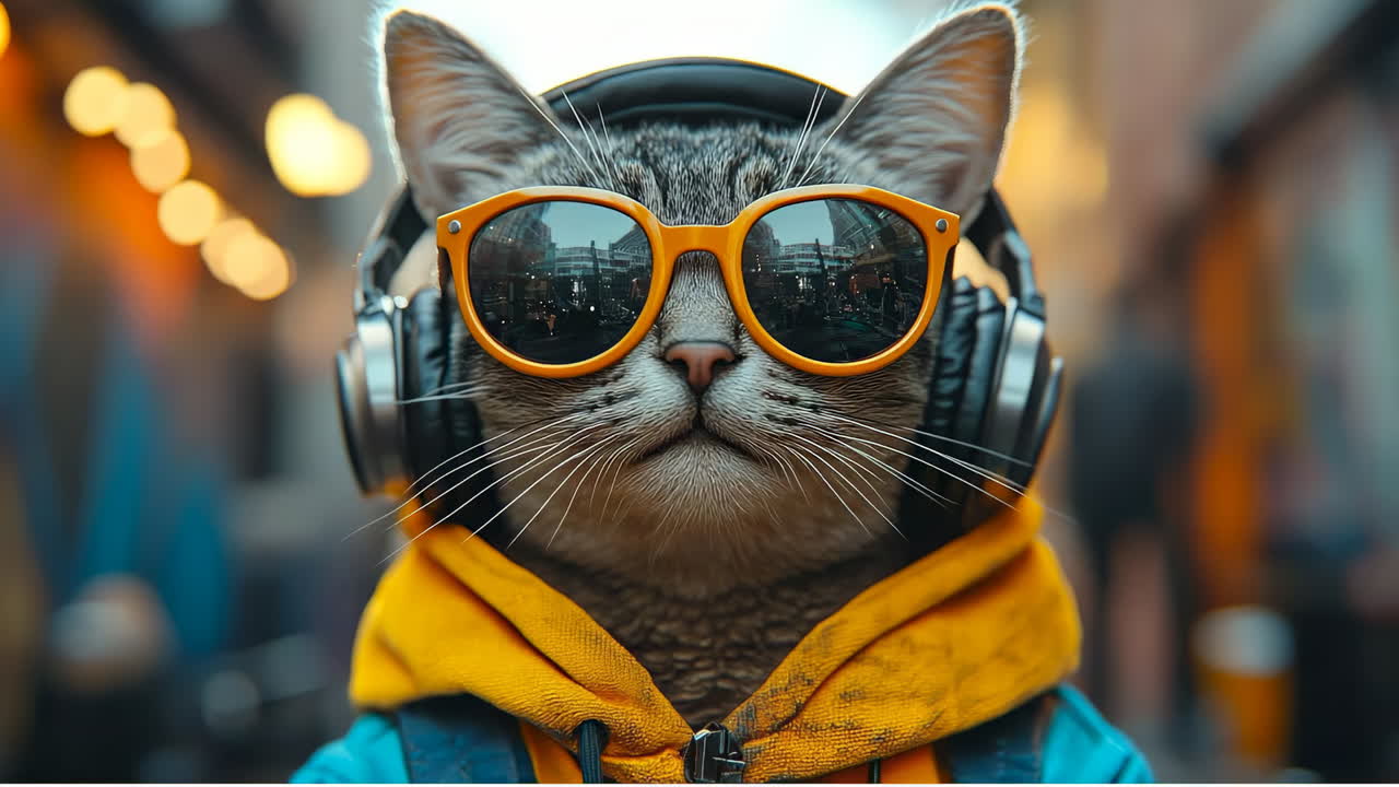 Sunglassed cat with headphones. A trendy cat with sunglasses and headphones on strolls through a busy street, capturing attention in a lively setting