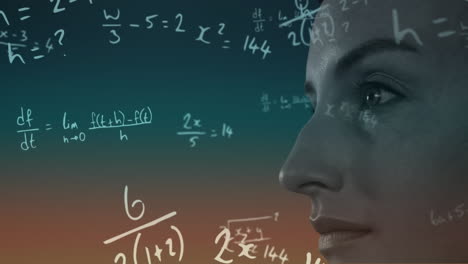 animation of mathematical equations over close-up of caucasian woman against gradient background