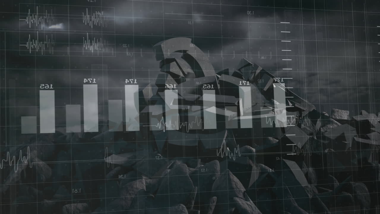 Overlaying rocky landscape, animation of bar graphs and data charts with cloudy sky