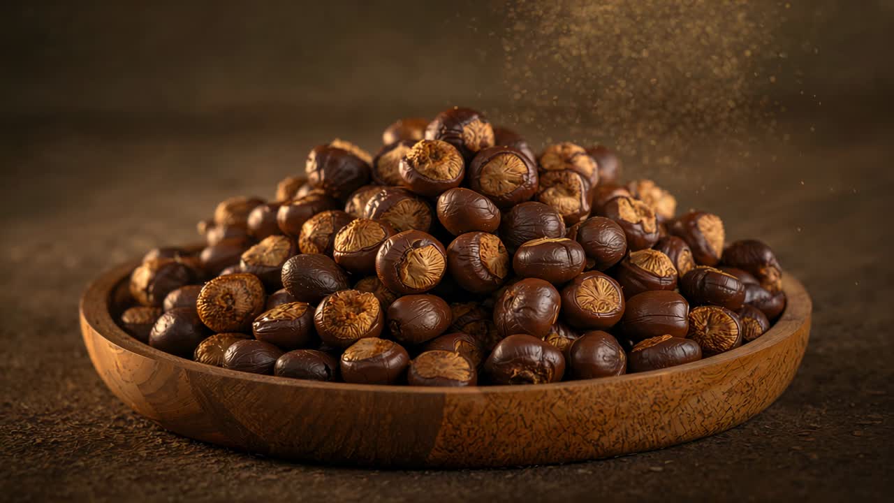 Slow-zooming camera showing settling chestnuts in wood bowl on table, revealing details, gold haze
