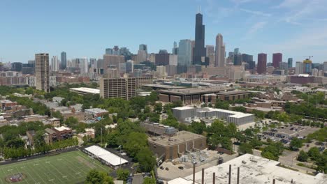 beautiful establishing shot of chicago skyline in summer from south side