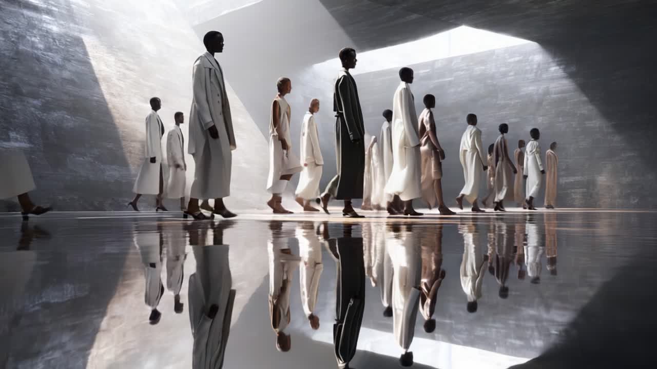 A Stunning Showcase of Elegance: Models Gracefully Walking in Minimalist Fashion Within a Reflective Space, Demonstrating Modern Design and Sophisticated Style Elements