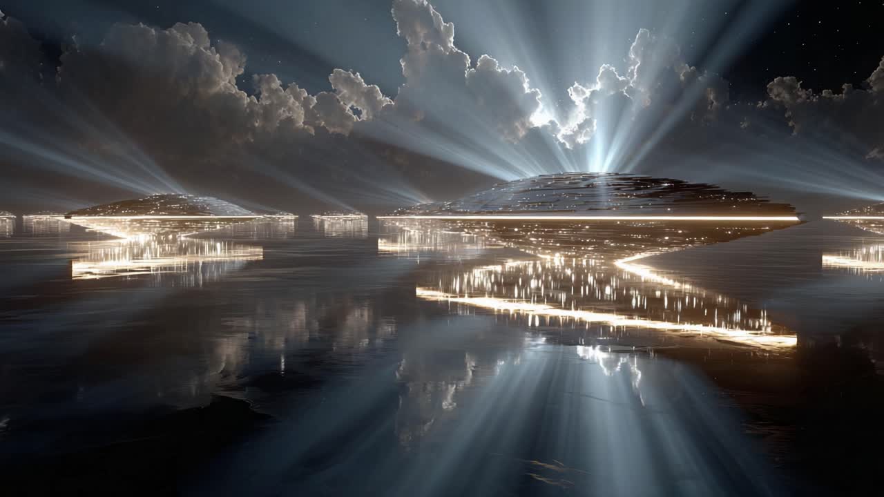 Futuristic alien mother ships with bright lights hovering over a reflective water surface under a dark. Cloudy sky. An awe inspiring scene of extraterrestrial invasion or exploration of a new planet