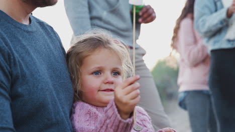 young girl toasting marshmallows around fire as multi-generation family meet on winter beach