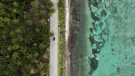 Carretera-De-La-Isla-De-San-Andrés-En-La-Costa-Tropical-De-Arrecifes-De-Coral-Con-Palmeras,-Vista-Aérea-De-Arriba-Hacia-Abajo