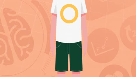 animation of boy wearing face mask icon over digital icons on orange background