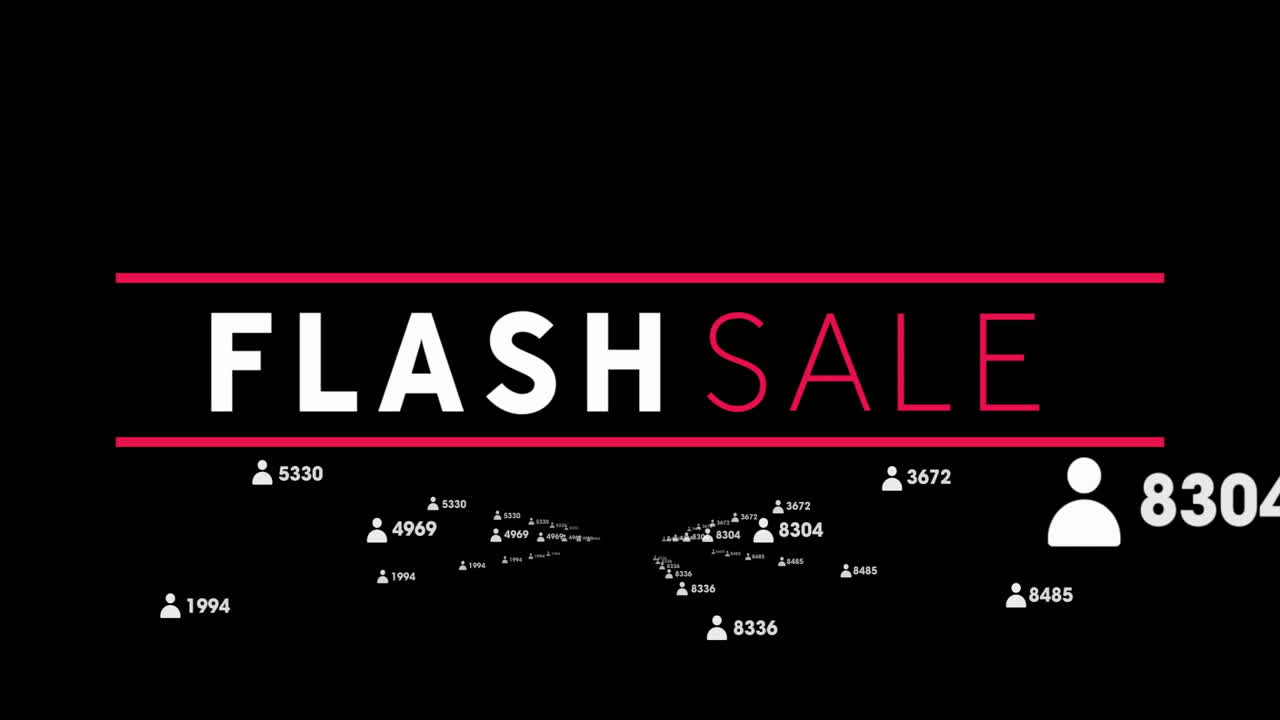 Animation of flash sale text with user icons and numbers on black background