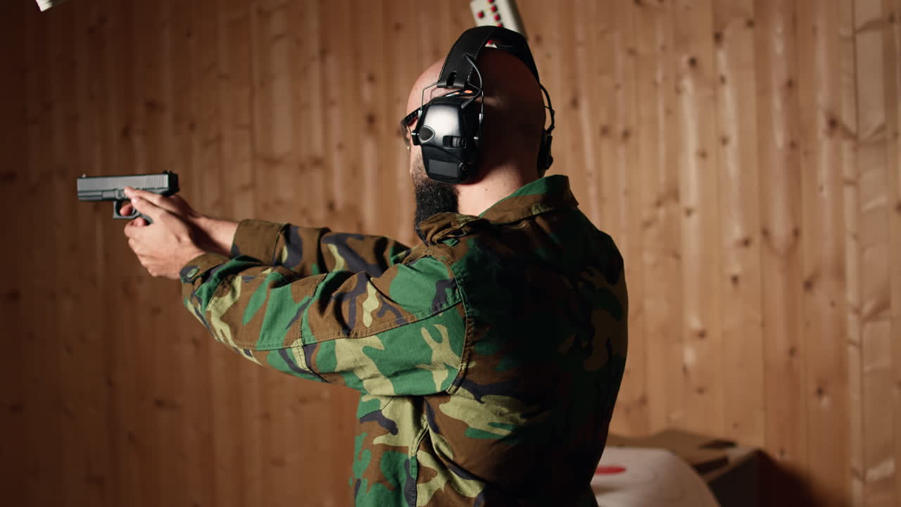 человек на стрельбище стреляет в цели с пистолетом, делая пальму лица после пропуска