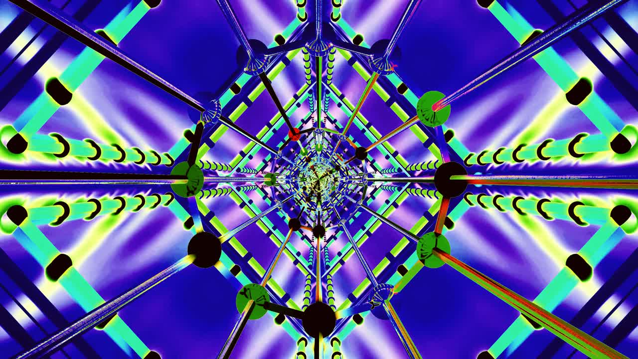 A colorful and dynamic visual display fills the screen with swirling geometric patterns and tunnel like perspectives. This seamless loop offers a mesmerizing experience for viewers