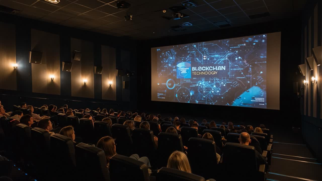An Engaging Presentation on Blockchain Technology Captivates an Audience in a Modern Cinema, Showcasing Innovation and Digital Advancement on the Big Screen