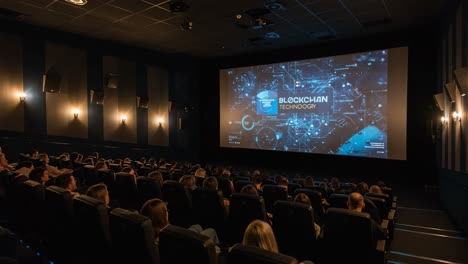 an engaging presentation on blockchain technology captivates an audience in a modern cinema, showcasing innovation and digital advancement on the big screen