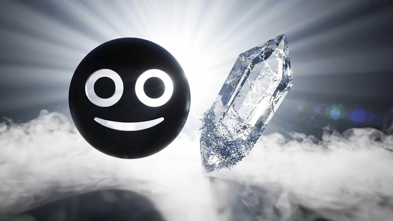 En finurlig sort smiley med lyse øjne og en glitrende krystal udstråler glæde midt i en tåget, oplyst baggrund, hvilket skaber en fortryllende atmosfære