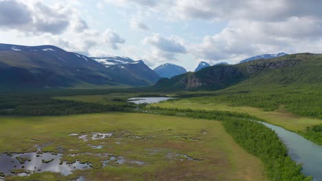 drone shot of sweden wilderness in summer in scandinavia with cloudy sky