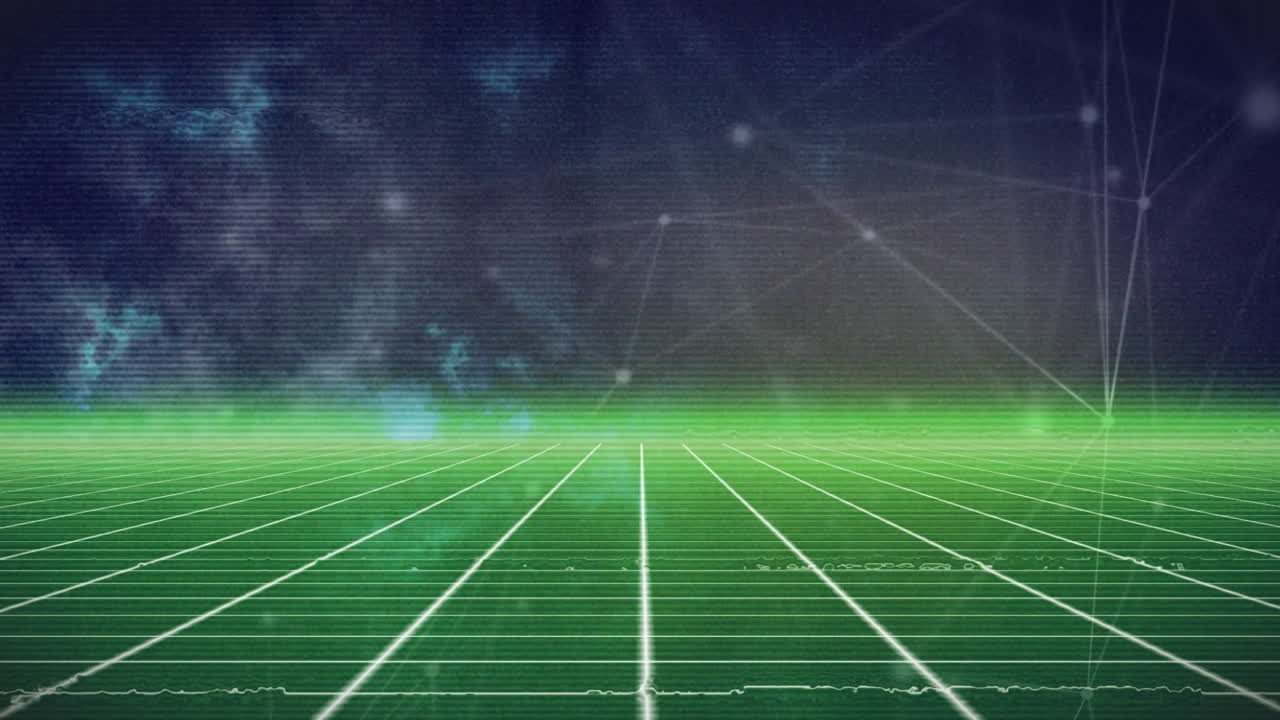 야간 하늘과 녹색 필드 위의 연결 네트워크의 애니메이션