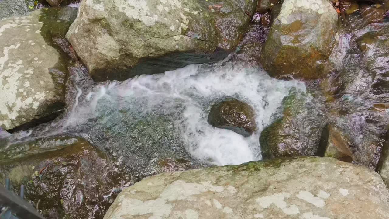 A slow-motion capture of a scenic creek cascading over smooth rocks in the peaceful Gold Coast Hinterland, showcasing white water movement and lush surroundings.