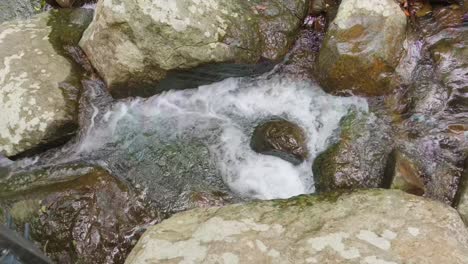 a slow-motion capture of a scenic creek cascading over smooth rocks in the peaceful gold coast hinterland, showcasing white water movement and lush surroundings.