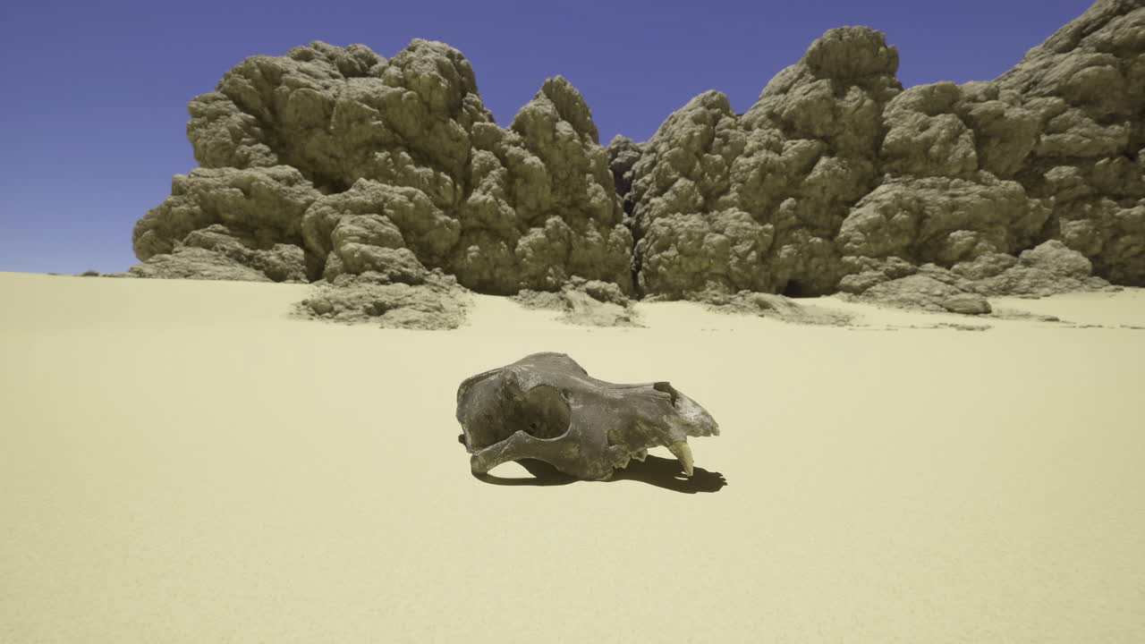 Desert landscape featuring a skull among rocky outcrops and sand