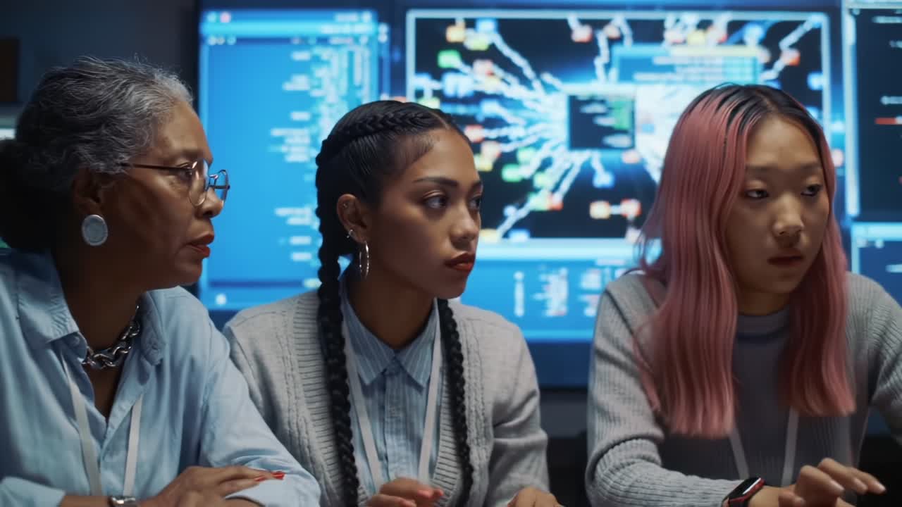 Dynamic Collaboration in Tech: A Scene of Thoughtful Discussion Among Experts Analyzing Data and Making Strategic Decisions in a High-Tech Environment