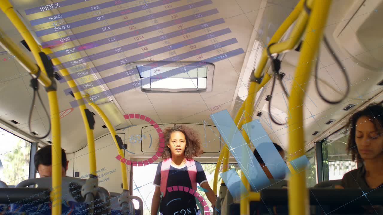 Teen girl boarding, walking aisle on bus, animated charts rising over cabin, guiding seat search