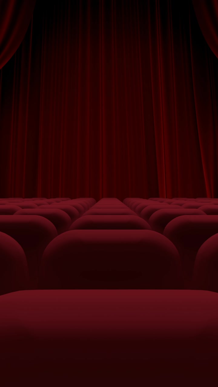Animazione di sipario rosso che si apre in teatro