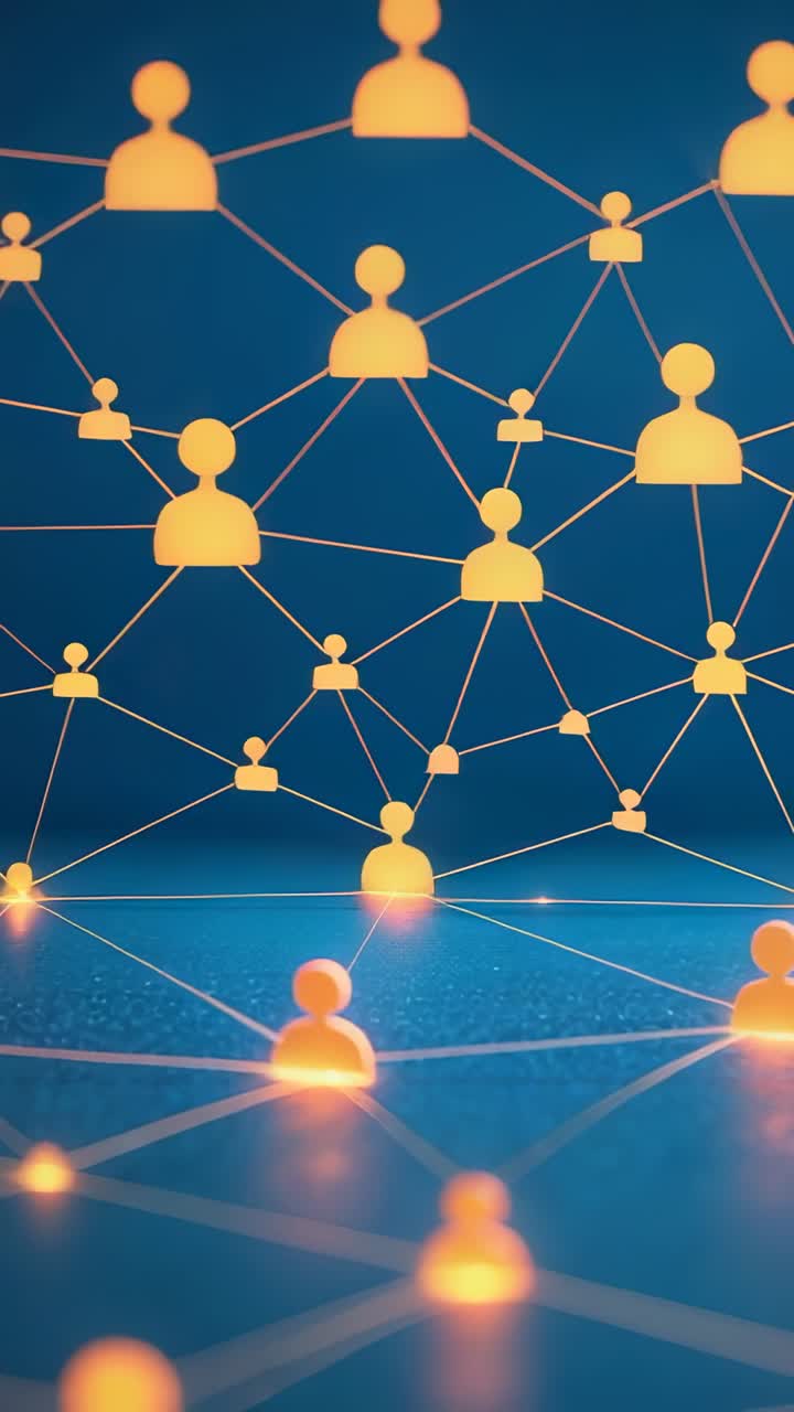 Vertical video: Glowing orange icon initiating expanding network on digital plane, linking icons