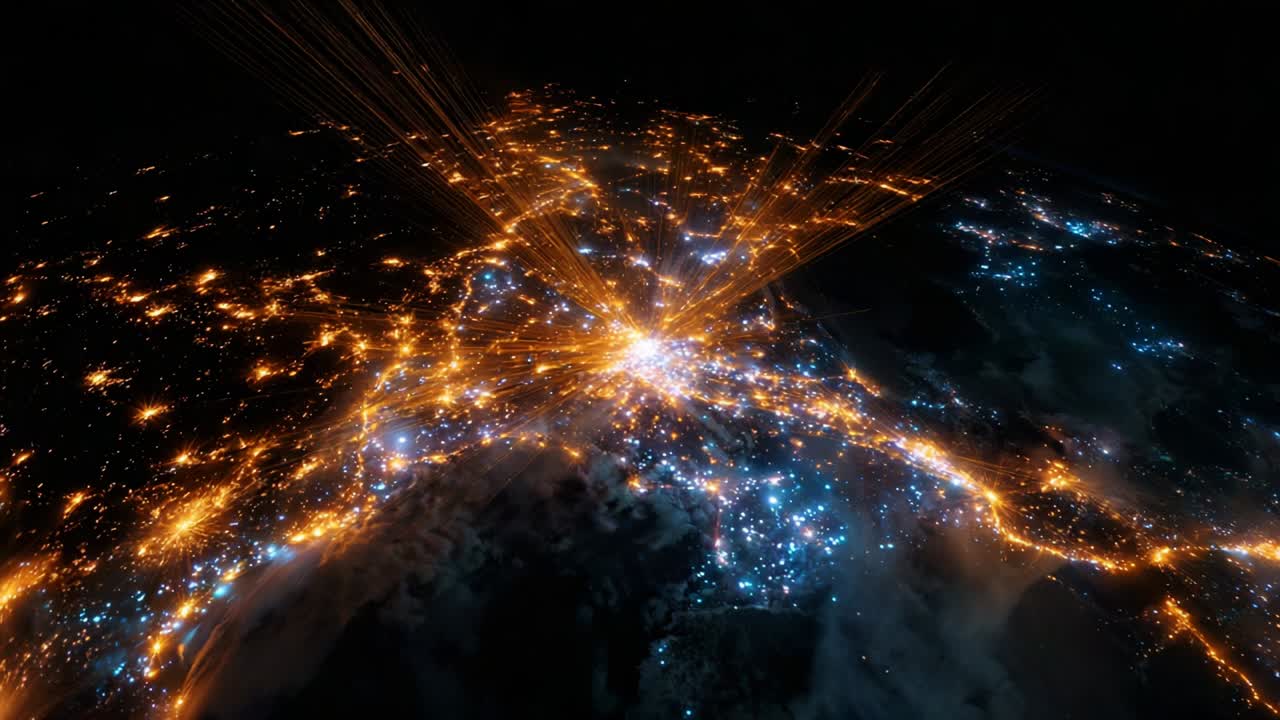 A Stunning Aerial View of Urban Light Plumes Emanating from a Major City at Night, Captured from Space, Showcasing the Illuminated Grid of Streets, Buildings, and Surrounding Areas with Starry Background