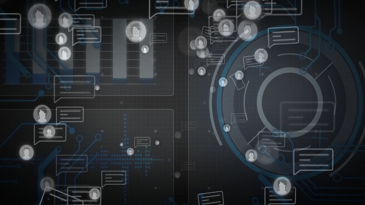 Animation of digital network interface with user icons and data processing elements