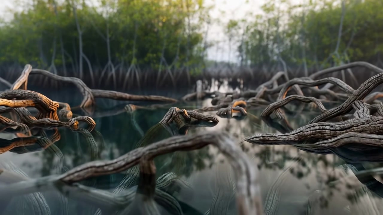 Raíces de manglar bañadas por el sol, enredadas sobre el agua; primer plano de la red de raíces aéreas entrelazándose sobre una poza de agua clara y poco profunda.
