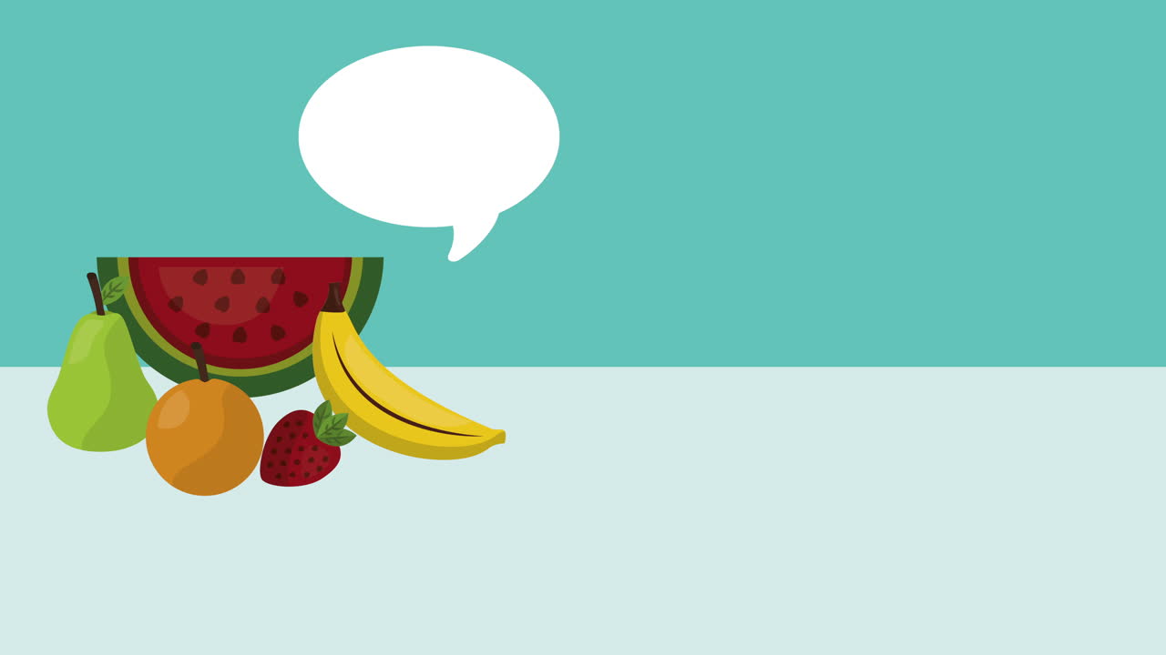 frutas frescas y burbuja de habla