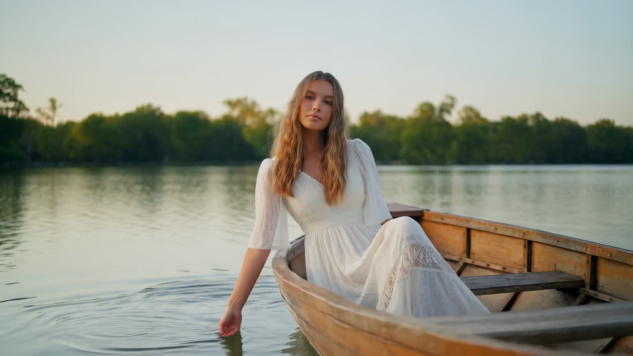 Serene Young Woman in White Dress on a Wooden Boat at Sunset