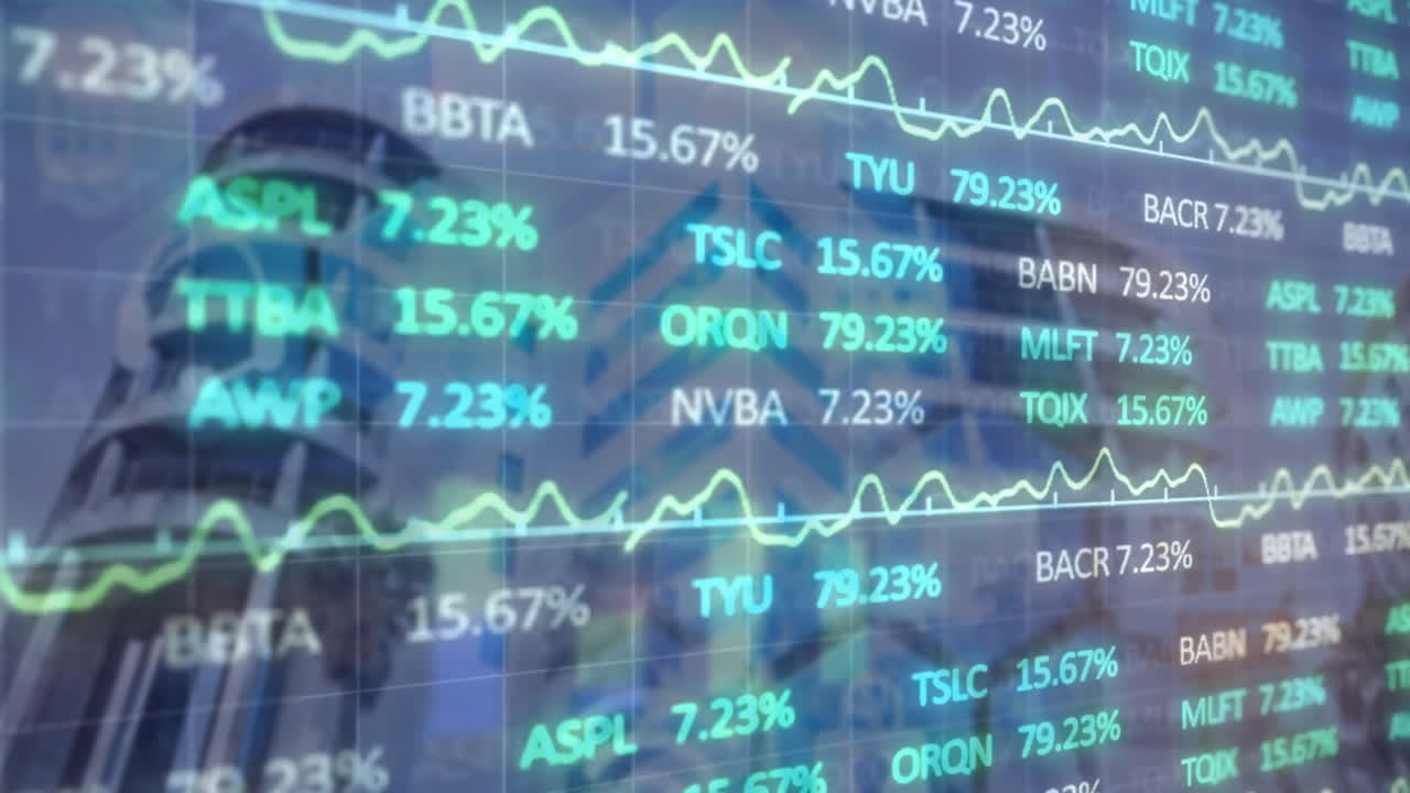 animación del procesamiento de datos financieros en edificios de oficinas