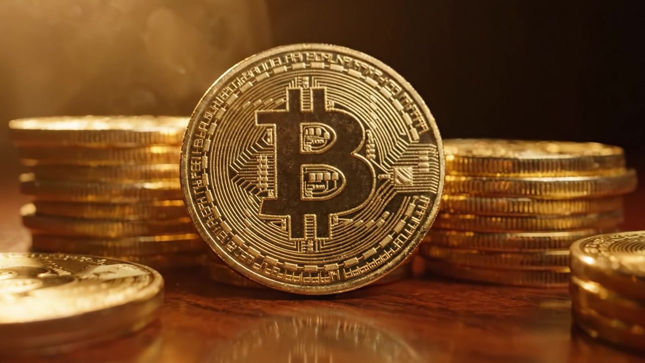 Una straordinaria esposizione di criptovalute: una serie di monete Bitcoin scintillanti su uno sfondo ricco, evidenziando la crescente dominanza e l'attrattiva della valuta digitale