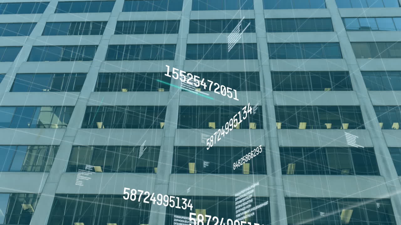 도시 풍경 위에서 변화하는 숫자의 애니메이션과 데이터 처리