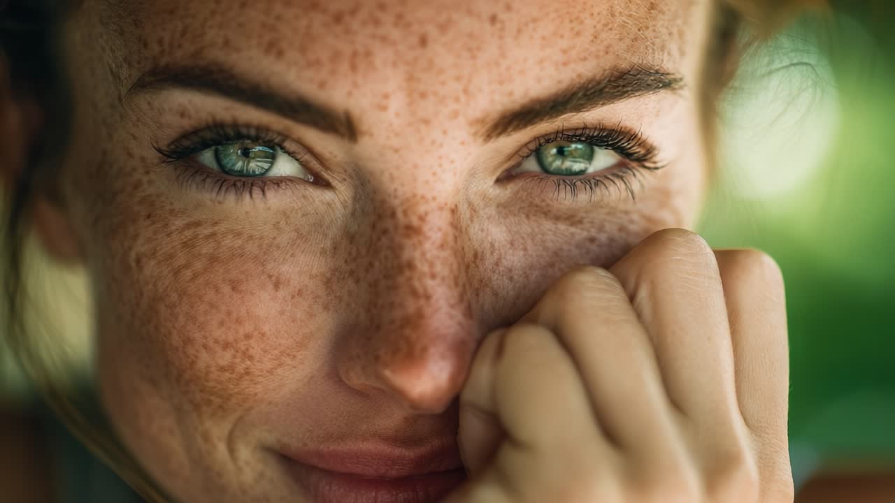 Close-Up Portrait of a Young Woman with Beautiful Freckles and Striking Blue Eyes, Captured in Natural Light, Exuding Confidence and Charm in a Serene Environment