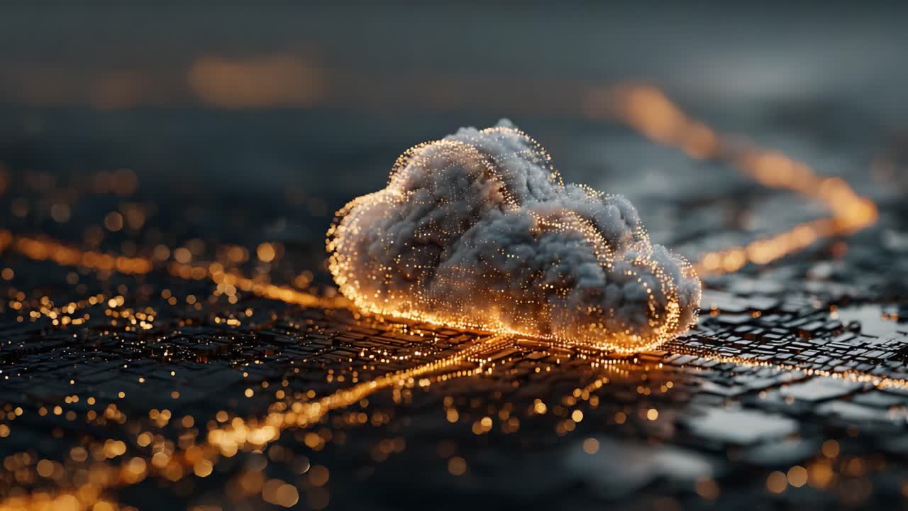 En spændende visualisering af en Cloud, der er oplyst af levende lysspor på en mørk overflade, som fremkalder en følelse af undren og fantasi i et digitalt landskab
