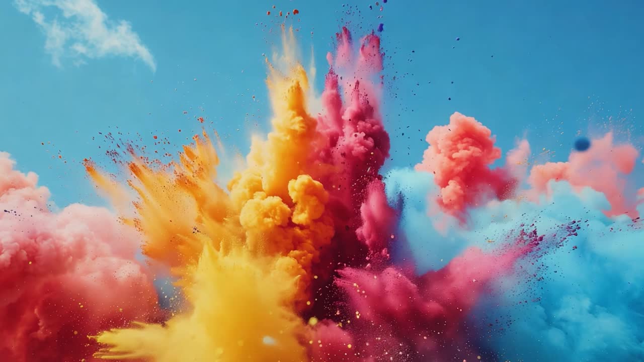 Esplosione di polvere colorata vivace contro il cielo blu