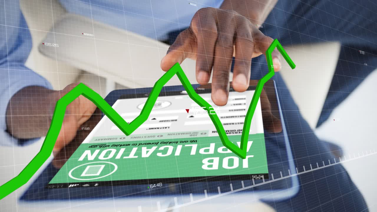 Office worker's hands tapping and swiping tablet screen, generating job application graph overlay