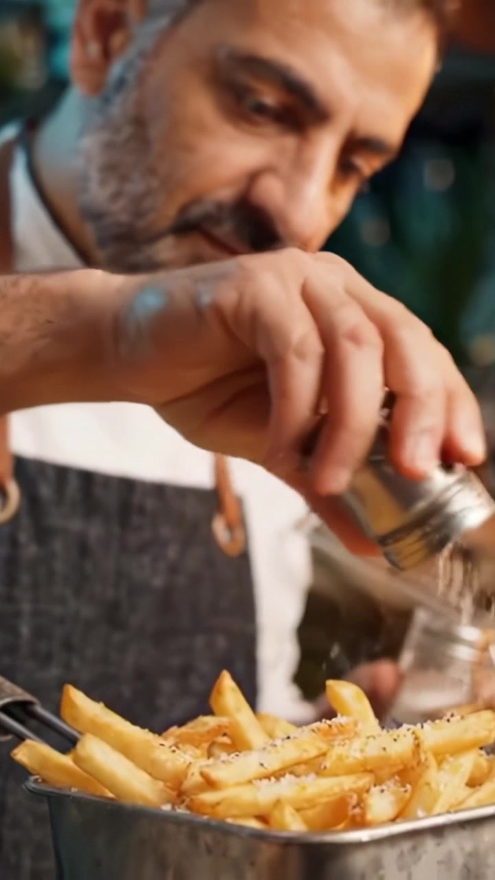 Chef Perfects French Fries with a Savory Touch, Adding Salt to Enhance Flavor and Presenting a Deliciously Crisp Plate of Golden Fries