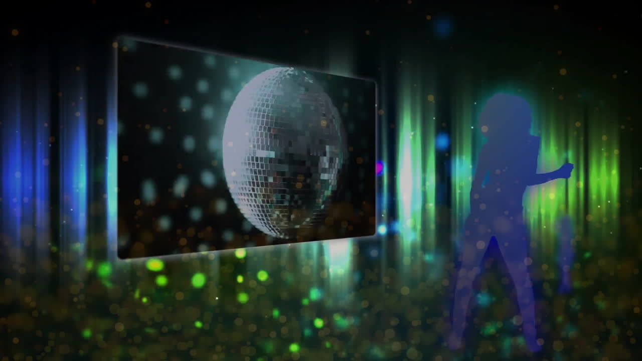 Dancing silhouettes with disco ball and colorful lights animation in background