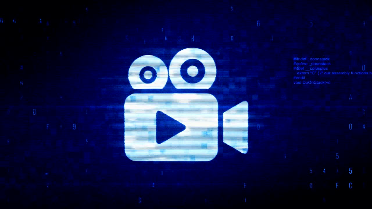 símbolo del icono de la cámara de video animación de error de ruido de píxeles digitales.