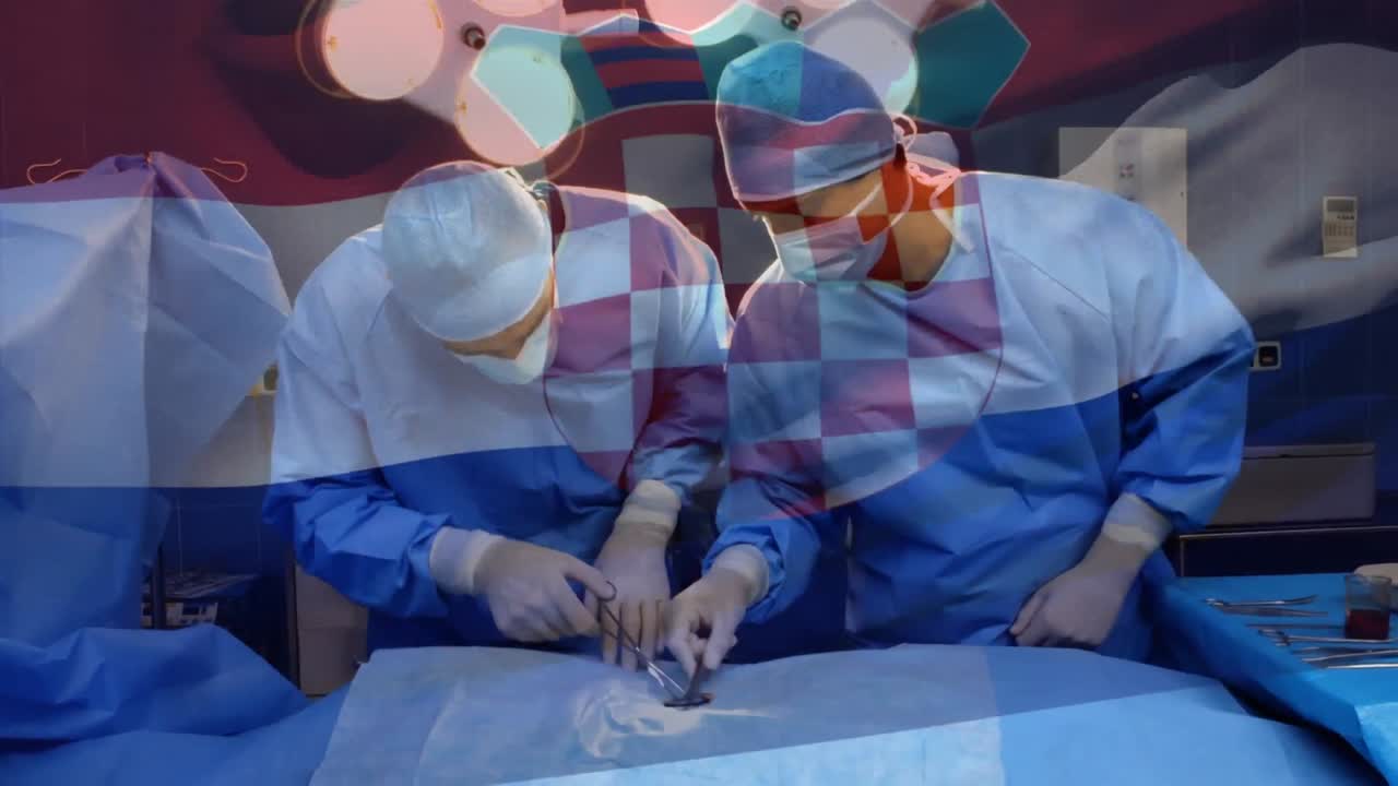 수술실에서 외과 의사 들 위 에 크로아티아 의  ⁇ 발 이 흔들리는 애니메이션